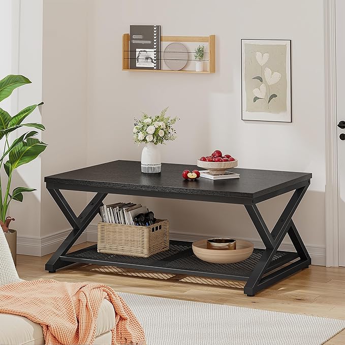 EnHomee Coffee Table with Storage, Modern Coffee Tables for Living Room with Mesh Shelf, 2 Tier Rectangular Center Table for Living Room, Bedroom, 39.4 Inch, Black Oak