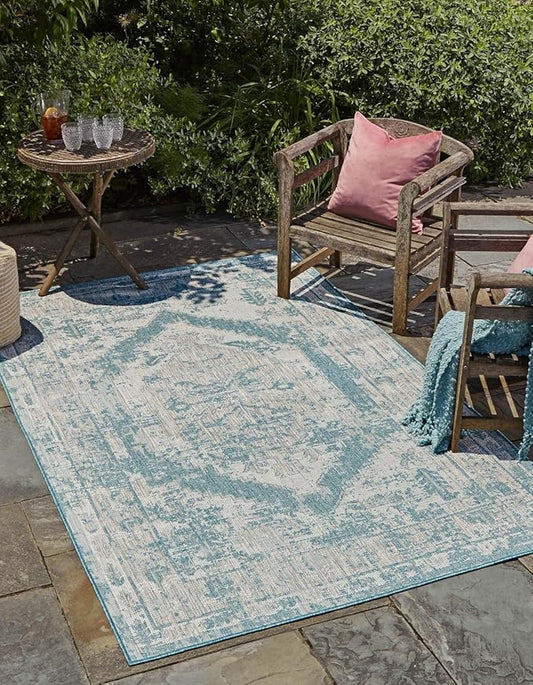 Unique Loom Outdoor Traditional Collection Area Rug - Valeria (10' x 14' 1" Rectangle, Aqua/ Ivory)