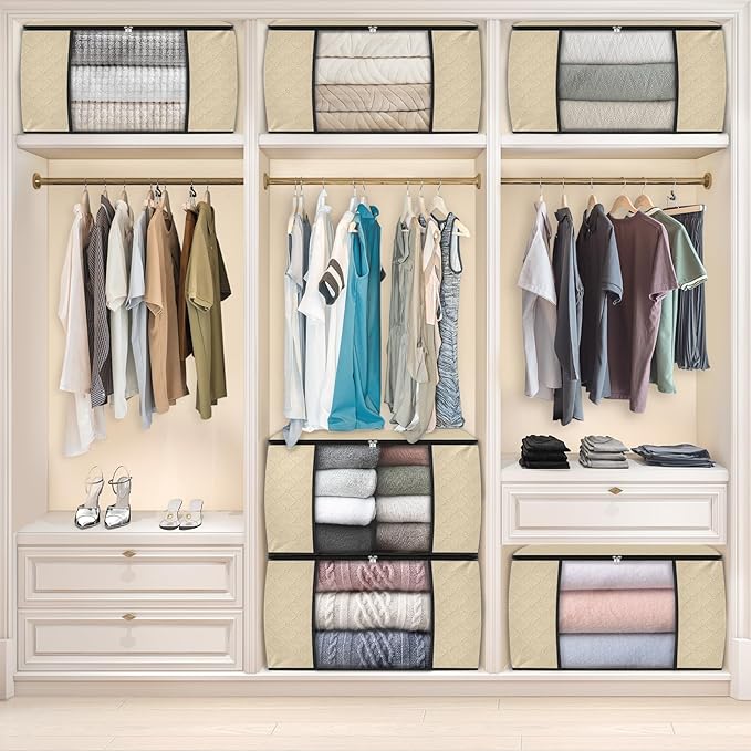 Fab totes 6 Pack Clothes Storage, Foldable Thick Fabric Blanket Storage Bags, Containers for Organizing Bedroom, Closet, Clothing, Comforter,Organization with Handle,Beige