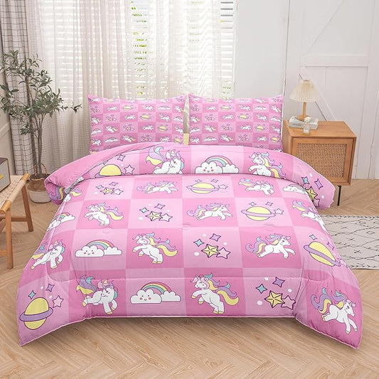 Tailor Shop Pink Bedding Sets for Girls Kids Chessboard Grid Unicorn Comforter King Size Girls Comforter Set Unicorn Room Decor Ultra Soft Bed Set with 2 Pillowcase…