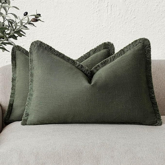 Foindtower Set of 2 Decorative Linen Fringe Lumbar Throw Pillow Covers Boho Farmhouse Cushion Cover with Tassels Accent Pillowcase for Couch Sofa Bed Living Room Home Decor,12×20 Inch,Dark Olive Green