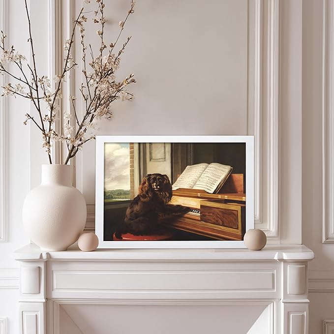 Poster Master Vintage Portrait of an Extraordinary Musical Dog Print - Retro Puppy Poster - Piano & Music Art - Animal Lover Wall Design - Living Room or Office Decor - 8x10 White Framed