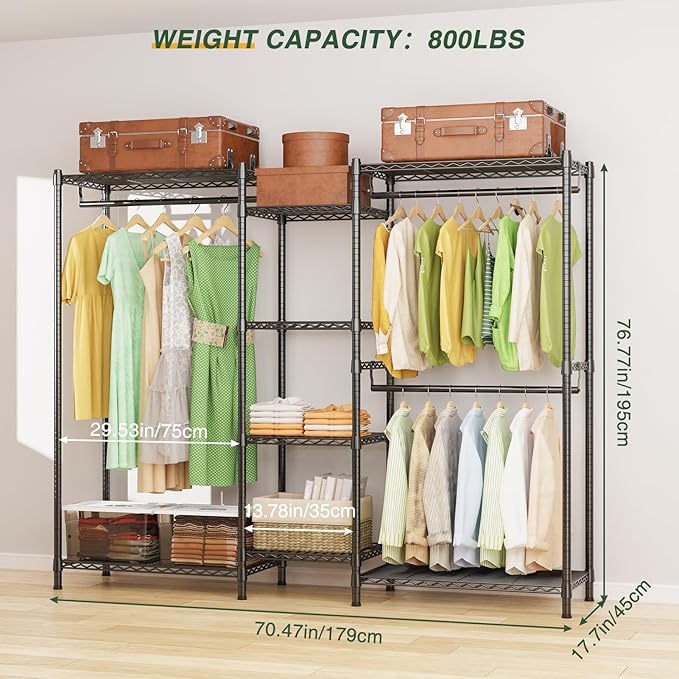 LEHOM G6 Wire Garment Rack Heavy Duty Clothes Rack Compact Size Armoire Storage Rack Freestanding Metal Clothing Closet Wardrobe with 3 Hanger Rod and 4 Large Shelves 4 Small Shelves, Black