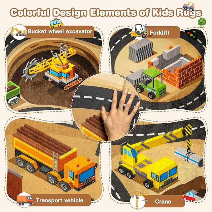 Kids 3x5 Ft Construction Site Car Rug - Extra Thick (0.4in),Tufted Wool & Rubber, Non-Slip, Stain & Fade Resistant, Machine Washable, Rustic Cartoon Construction Site Pattern