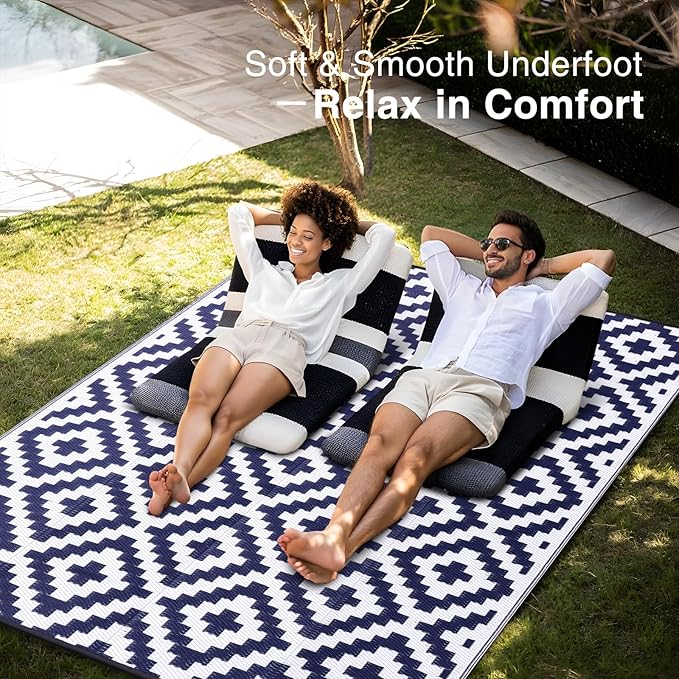 OLANLY Waterproof Outdoor Rug 9x12 ft, Outdoor Plastic Straw Rug for Camping, RV Mat Outside, Indoor Outdoor Carpet for Porch, Deck, Backyard, Balcony, Picnic, Navy & White