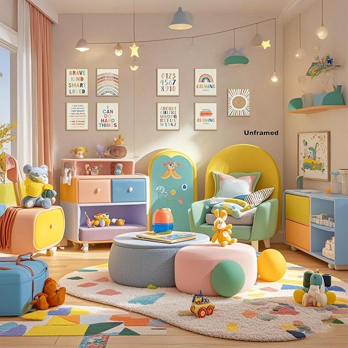 Baby Alphabet Wall Art Set of 9, 1 2 3 number Rainbow Canvas Posters Prints, Kids ABC Positive Affirmation Wall Decor Paintings for Kids Room Nursery Bedroom Home Decor 8x10In Unframed