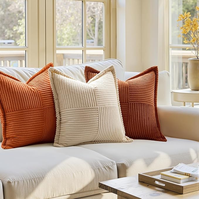 MIULEE Dark Rust Fall Decorative Euro Sham Throw Pillow Covers for Couch Bed Livingroom 24x24 Inch Set of 2 Boho Accent Throw Pllows Broadside Striped Patchwork Soft Corduroy Pillowcases