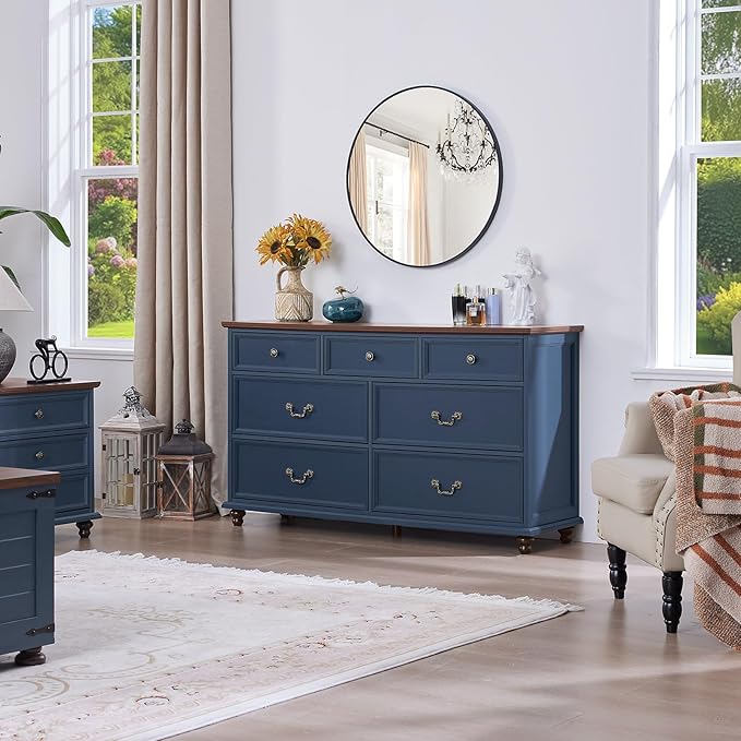Farmhouse 7 Drawers Dresser for Bedroom, Navy Blue 54 Inch Wide Chest of Drawers w/ 4 Wooden Legs, Large Vintage Rustic Closet Dressers for Living Room, Wood TV Stand with Storage Organizer