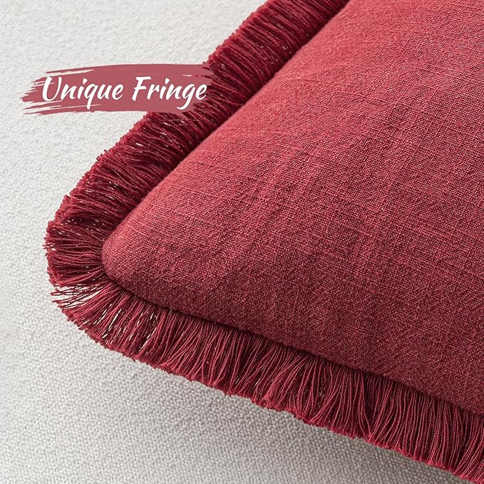 MIULEE Decorative Throw Pillow Covers Neutral Linen Fringe Throw Pillows Euro Shams Set of 2 Burgundy Boho Farmhouse Cushion Covers for Couch Sofa Bed Living Room Spring Home Decor 24x24 Inch