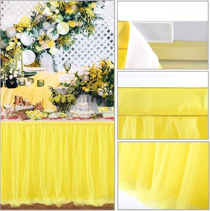 Suppromo 14ft Yellow Tulle Tutu Table Skirt for Birthday Party Girls Boys Baby Shower Wedding Cake Dessert Table Decorations