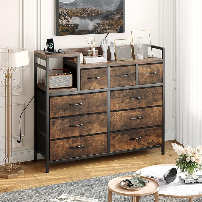 Jojoka TV Stand with Charging Station, Bedroom Dresser for Living Room TV Stand with 9 Drawers, Vintage