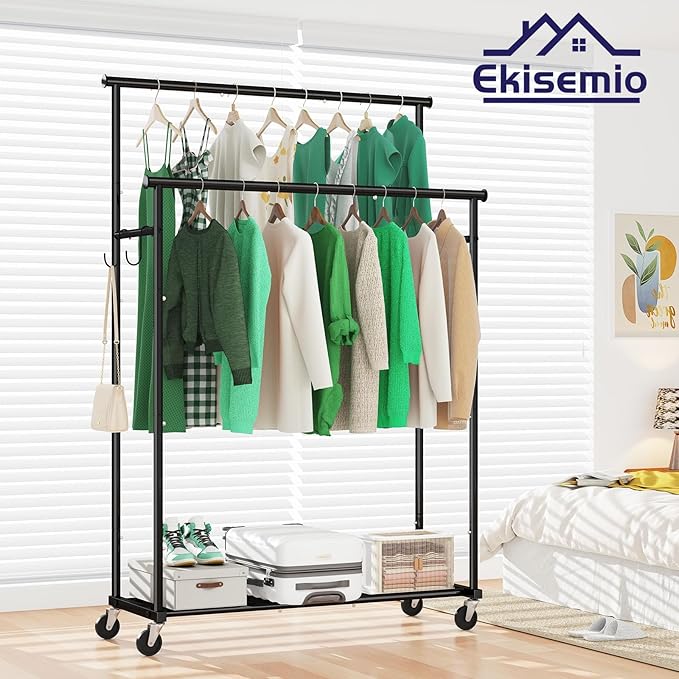 Double Rod Clothing Garment Rack on Wheels, 45 Inches Clothes Rack with Mesh Bottom Shelf for Hanging Clothes, Heavy Duty Metal Maximum Capacity 400 lbs, Black