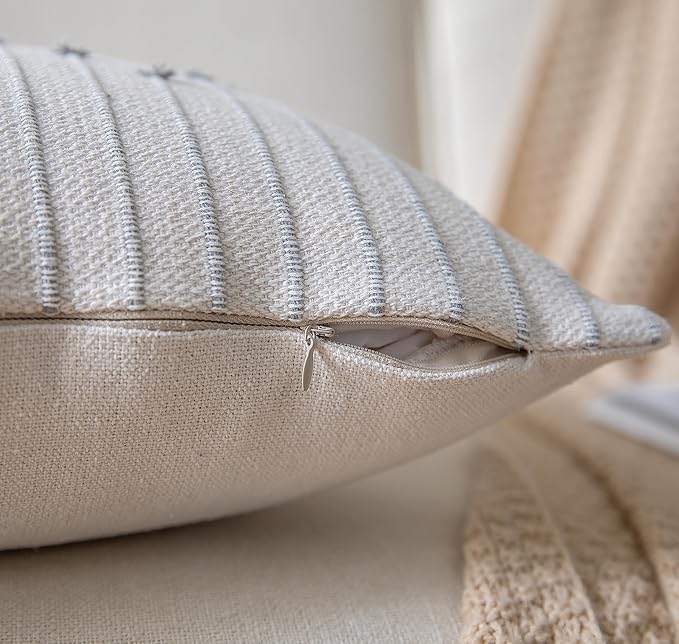 Caflife Boho Throw Pillow Covers 18x18 Set of 2 Decorative Pillows for Bed, Neutral Pillow Covers Beige with Grey Line Throw Pillows for Modern Farmhouse Couch Sofa Living Room Outdoor