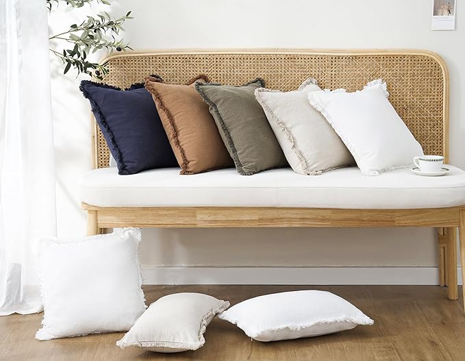 Foindtower Set of 2 Decorative Linen Fringe Throw Pillow Covers Cozy Boho Farmhouse Cushion Cover with Tassels Soft Accent Pillowcase for Couch Sofa Bed Living Room Home Decor, 24×24 Inch, Khaki Brown
