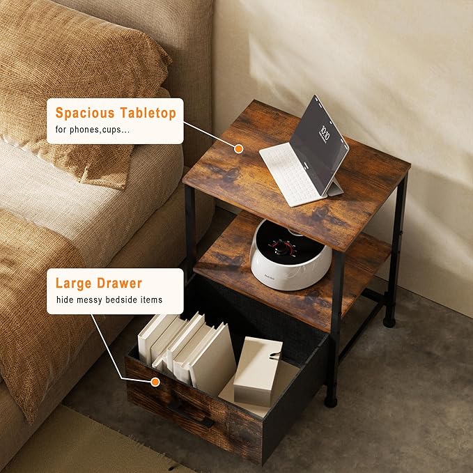 Side Table with Fabric Drawers,2-Tier Nightstand,End Table with Open Shelf for Bedroom, Living Room, Kitchen, Entryway, Rustic Brown