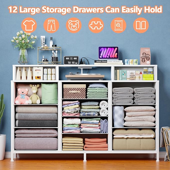Furnulem White Dresser for Bedroom with LED Lights & Charging Station,55" Long Dressers & Chest of Drawers with 12 Storage Bins, Fabric Furniture for Closet,Hallway,2-Tier Shelf Wood Top,Metal Frame