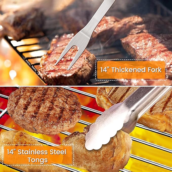 Grill Accessories Kit, Grill Tool Set with 4-in-1 BBQ Spatula, Fork, Tongs, Cleaner Brush, Skewers, Silicone Corn Holders, Silicone Brush, Grilling Gift Set for Men and Women