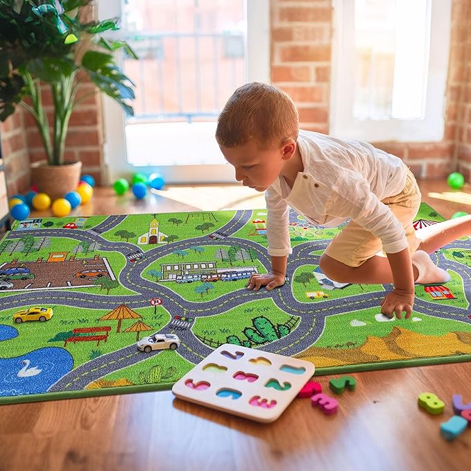 BEQHAUSE Kids Play Mat, Green City Map Race Track Children Rugs Great for Playing with Cars, 32”x60” Play Area Rug Road Rugs for Kids Bedroom, Toddler Classroom and Baby Playroom