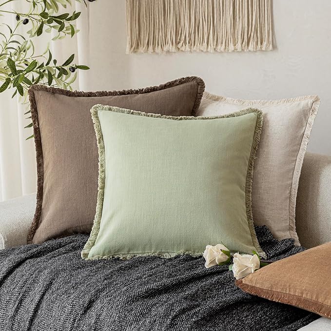 Foindtower Set of 2 Decorative Linen Fringe Throw Pillow Covers Boho Farmhouse Cushion Cover with Tassels Soft Accent Pillowcase for Couch Sofa Bed Living Room Home Decor,22×22 Inch,Light Sage Green