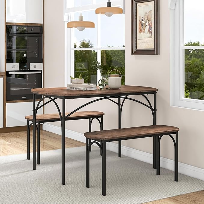 GOFLAME 3-Piece Dining Table Set for 4, Wooden Kitchen Table and 2 Benches Set with Metal Frame, Space-Saving Dinette Set for Living Room, Dining Room, Breakfast Nook, Small Space
