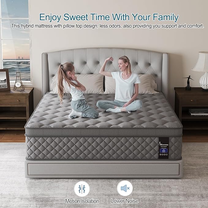 Queen Mattress, 10 Inch Euro Top Mattress Grey Hybrid Medium Firm for Back & Lumbar Support, 100 Night Trial, Individual Pocket Spring for Motion Isolation & Pressure Relief