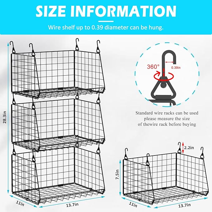 3-Tier Foldable Hanging Closet Organizer with 360° Rotating Hooks–Clothes Hanging Shelves for Small Spaces, Wire Basket Bin Storage for Closet Organizer System, Black