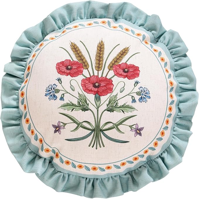 Design Linen Round Throw Pillow Covers Diameter 16", Fresh Farmhouse Cushion Covers with Red Watercolor Wildflower Pattern Decor Pillowcases for Bed,Living Room,Outdoor,Car