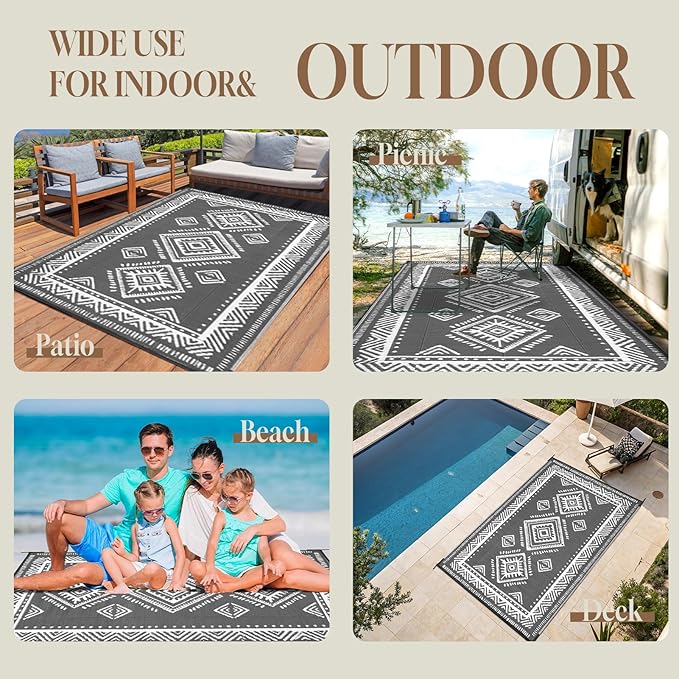 OMERAI Reversible Waterproof Outdoor Rug for Backyard,Plastic Textured Resistant Outdoors Rugs,Portable Washable Easy Cleaning Foldable Camping Beach Carpet for Patio Courtyard, 6'x9' Gray & White
