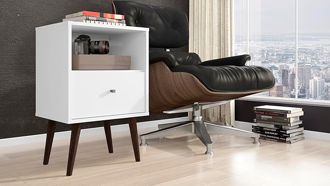 Manhattan Comfort Liberty Mid Century Modern Nightstand with Drawer and Cubby, Bedside Table for Bedroom and Living Room, Night Stand Accent Decor, Easy Assembly, White