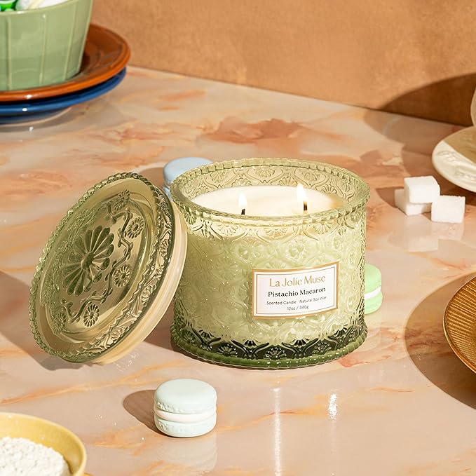 LA JOLIE MUSE Fall Candles | Pistachio Macaron Candle – Pistachio, Milk & Vanilla | 12 oz Double Wick Soy Candle | Natural Soy Wax | 60 Hours Clean Burn | Gift for Dessert Lovers | Seasonal Home Décor