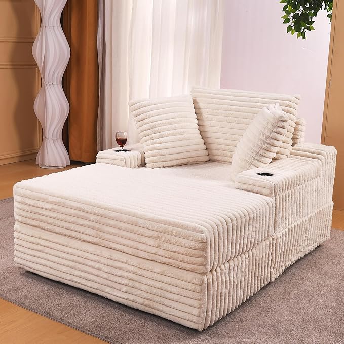 Garvee Oversized Chaise Lounge Chair Indoor with Storage Ottoman, Upholstered Corduroy Sofa Bed Cloud Couch with 3 Pillows, Single Sleeper Sofa Chair for Living Room, Bedroom
