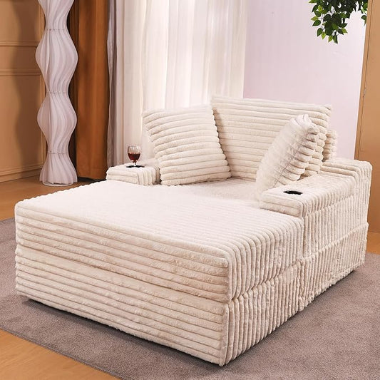 Garvee Oversized Chaise Lounge Chair Indoor with Storage Ottoman, Upholstered Corduroy Sofa Bed Cloud Couch with 3 Pillows, Single Sleeper Sofa Chair for Living Room, Bedroom