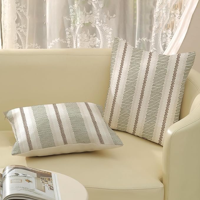 Boho Pillow Covers 18x18 Pack of 2 Sage Green Brown Polka Dot Stripe Decorative Throw Pillow Covers Bohemian Abstract Modern Decor Pillowcase Farmhouse Cushion Case for Sofa Couch,Outdoor Decor