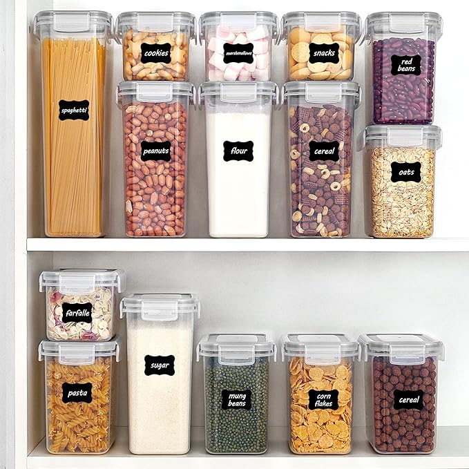 Vtopmart Airtight Food Storage Containers Set with Lids, 15pcs BPA Free Plastic Dry Food Canisters for Kitchen Pantry Organization and Storage, Dishwasher safe,Include 24 Labels, Grey