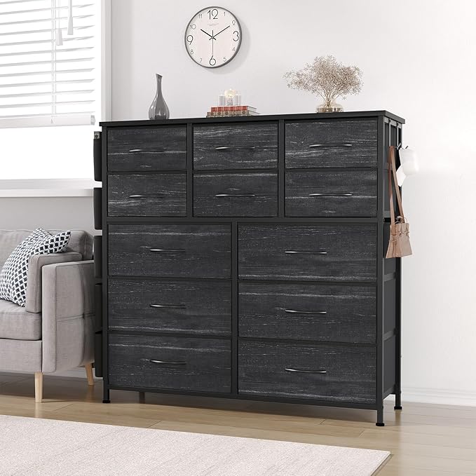 Dresser for Bedroom with 12 Drawers, Tall Dresser Chest of Drawers with 5 Side Pockets and Hooks, Wooden Top Fabric Dresser Storage Tower for Closet, Hallway, Living Room, Black