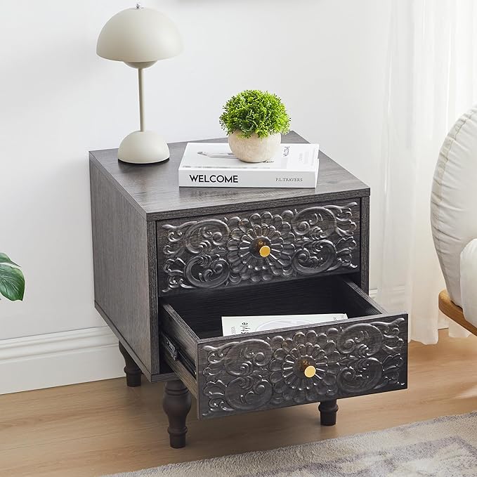 Nightstand, Farmhouse Bedside Table with 2 Drawers and Metal Handles, Wood Sofa Side Table End Table Accent Dresser for Bedroom, Living Room (Grey)