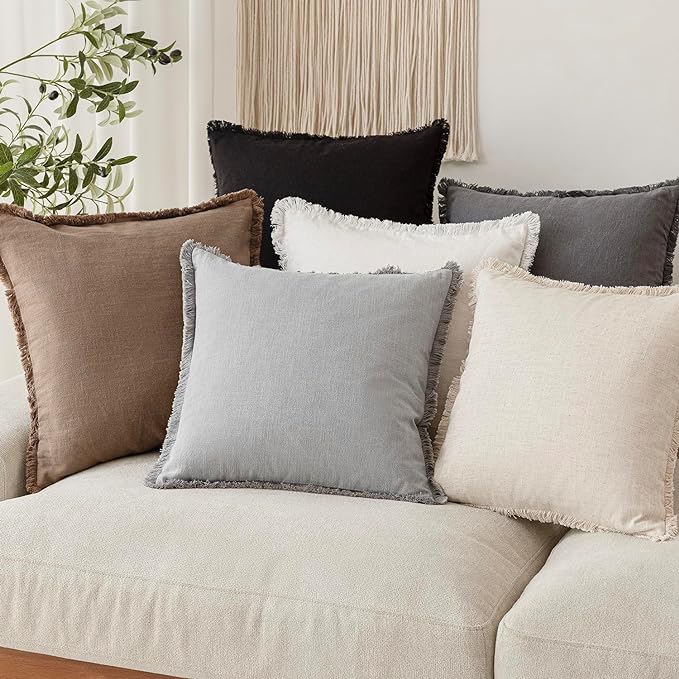 Foindtower Set of 2 Decorative Linen Fringe Throw Pillow Covers Cozy Farmhouse Cushion Cover with Tassels Accent Pillowcase for Couch Chair Sofa Bed Living Room Home Decor,18×18 Inch,Light Rustic Gray