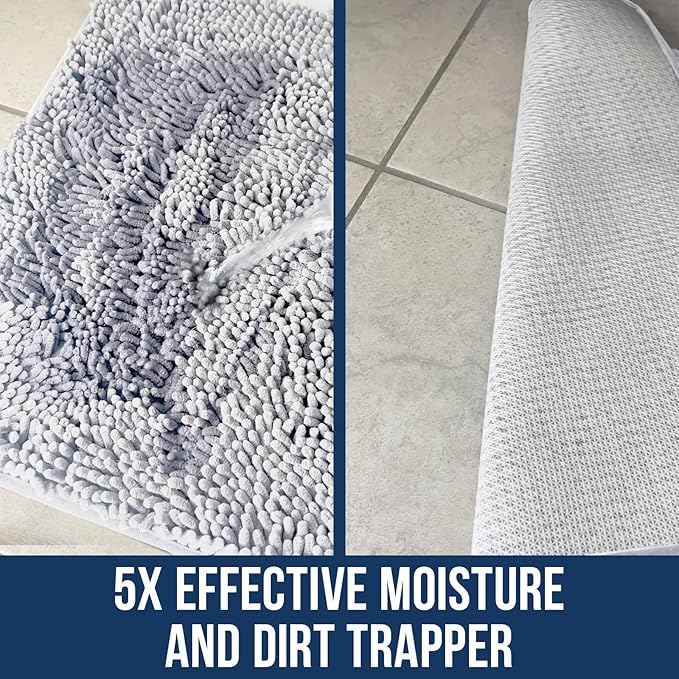 Muddy Mat Chenille Bathroom Rugs Quick Dry Microfiber Mats Non Slip Washable, Extra Thick, Soft and Highly Absorbent Bath Mats for Bathroom, Kitchen, and Shower Floor - White XL 59"X35"