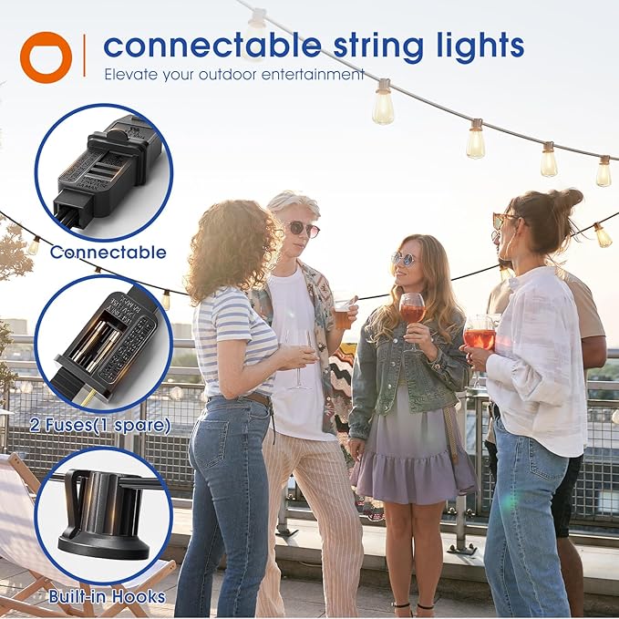 addlon 150FT(50FT*3) LED Outdoor String Lights Waterproof Patio Lights with 48 Shatterproof ST38 Replaceable Bulbs(3 Spare), Dimmable Outside Hanging Light Connectable for Porch, Backyard, 2200K