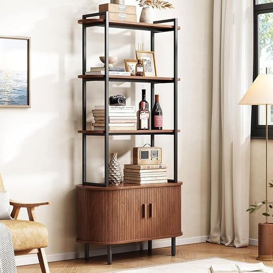 71" Tall Bookshelf, 4-Tier Book Shelf with Storage Cabinet, Modern Bookcase with Sliding Door and Adjustable Footpad, Freestanding Storage Organizer Bookshelf for Living Room, Bedroom, Walnut