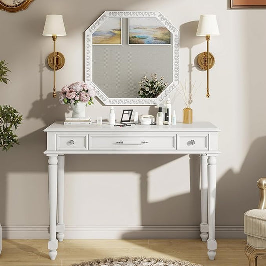 Merax Retro Makeup Vanity Desk with Large Mirror, 39.3 Inch Dressing Table with 3 Drawer for Jewelry Storage, Small Exquisite Console Table for Entryway Living Room Bedroom Hallway Foyer, White