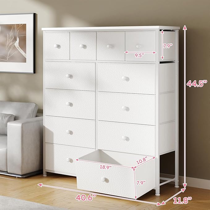 Dresser for Bedroom with 12 Drawers Tall Dressers for Bedroom Fabric Dressers & Chest of Drawers with Sturdy Metal Frame, Wood Top, for Woman, Closet, 40.6" W x 11.8" D x 44.5" H (White)
