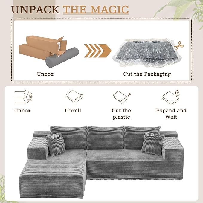 YESHOMY Sectional Couch, 108" Boneless Couches for Living Room, Modular Sectional Sofa with Deep Seat, Cloud Comfy Couch with L-Shape Chaise, No Assembly Required (Corduroy, Gray)