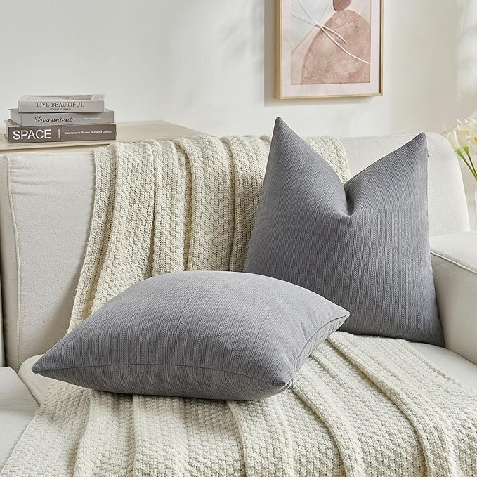 FUTEI Dark Grey Decorative Throw Pillow Covers 24x24 Inch Set of 2,Soft Cozy Wheat Ear Striped Patterns European Cushion Cases,Modern Home Decor for Couch Bed Living Room