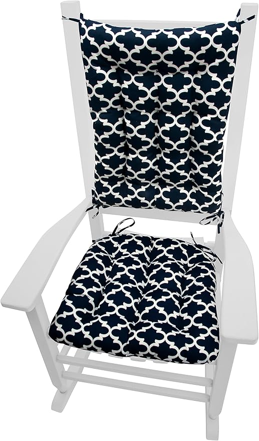 Fulton Navy Porch Rocker Cushion Set - Extra-Large - Indoor-Outdoor: Fade Resistant, Weatherproof - Latex Foam Filled Rocking Chair Seat Cushion & Backrest Pad Set - Made in USA (Blue Quatrefoil)