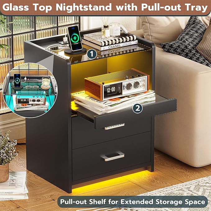 VIAGDO Nightstand with Charging Station and LED Lights, Black Night Stand with Glass Top and Storage Drawers, End Side Tables with Pull-Out Tray and USB Ports, Modern Bedside Tables for Bedroom