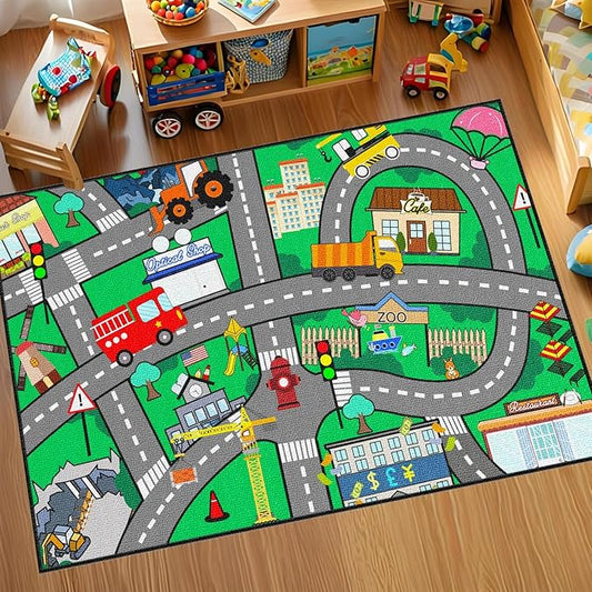 Car Rug for Kids Toy Cars - Car Track Rug Kids Play Mat City Life Road Carpet for Playroom Living Room Bedroom Classroom, 3'×5'