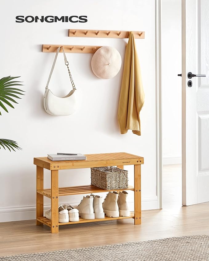 SONGMICS Shoe Rack Bench, 3-Tier Bamboo Shoe Storage Organizer, Entryway Bench, Holds Up to 286 lb, 11.3 x 27.6 x 17.8 Inches, for Entryway Bathroom Bedroom, Natural ULBS04N