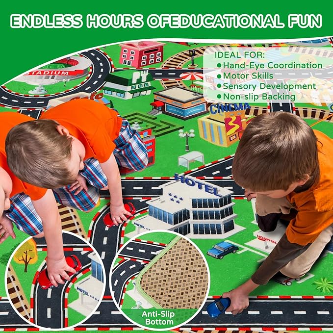 Kids Rug Play Mat for Toy Cars 3D City Life Road Traffic 59"×78.7" for Playroom Kids Car Road Rugs City Map Play Mat Non-Slip Washable Educational Car Rug for Toddler Boy Tummy Time Playtime