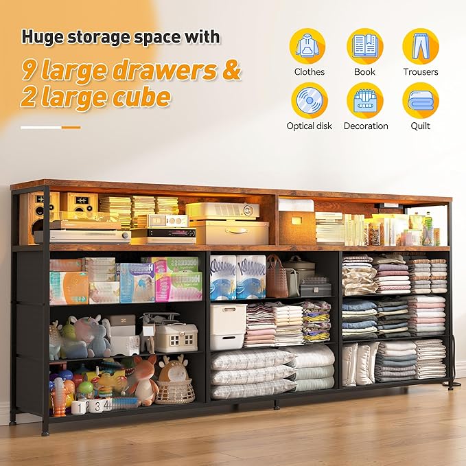 EnHomee 55” W Dresser for Bedroom with Charging Station & LED, 65" TV Stand for Bedroom with 9 Fabric Drawer & Open Storage Shelves for Closet, Rustic Brown, 11.81" D x 55.12" W x 35.43" H